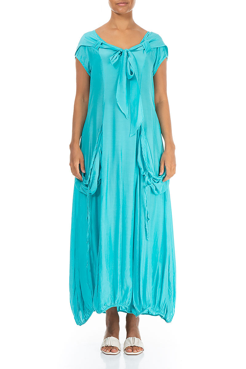 Detachable Hood Turquoise Silk Bamboo Maxi Dress