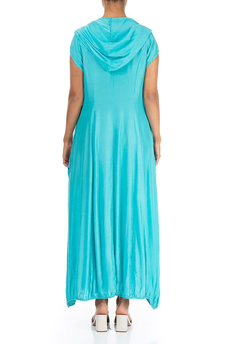 Detachable Hood Turquoise Silk Bamboo Maxi Dress