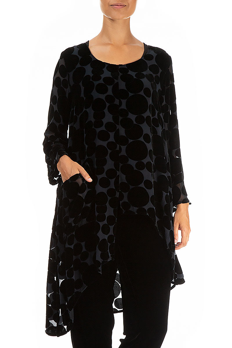 Asymmetrical Devoré Bubbles Black Silk Velvet Tunic 3