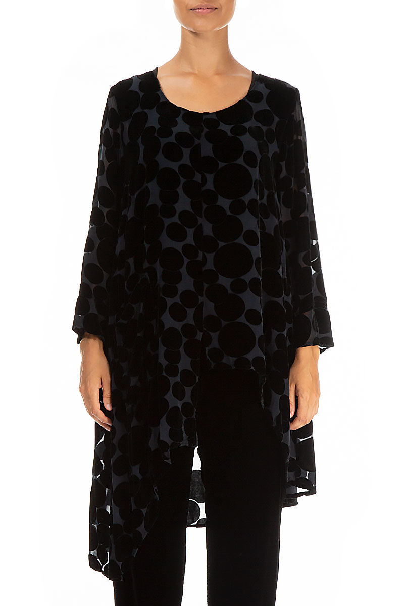 Asymmetrical Devoré Bubbles Black Silk Velvet Tunic