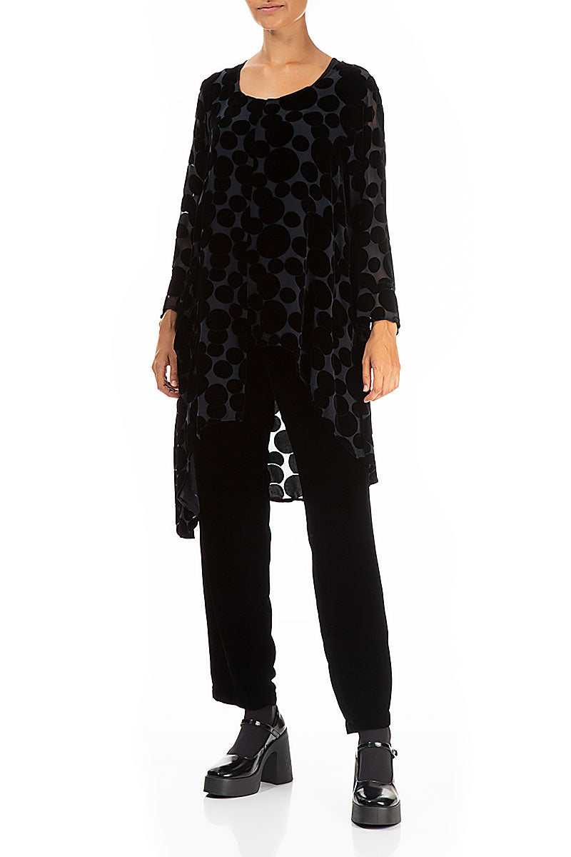 Asymmetrical Devoré Bubbles Black Silk Velvet Tunic