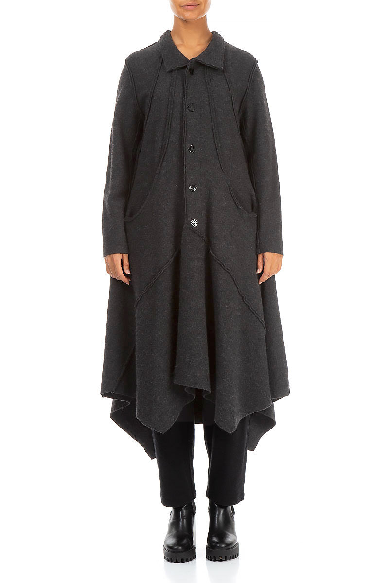 Asymmetric Hem Dark Grey Wool Coat