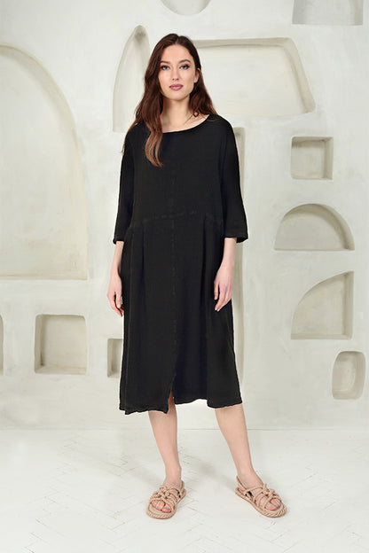 Dropped Shoulders Black Linen Viscose Dress