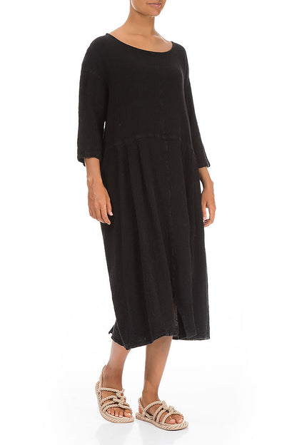 Dropped Shoulders Black Linen Viscose Dress