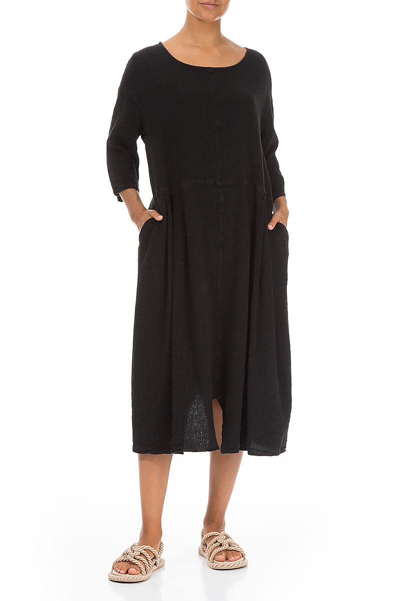 Dropped Shoulders Black Linen Viscose Dress