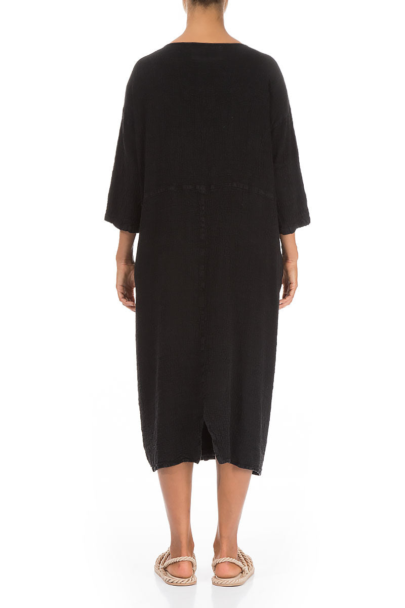 Dropped Shoulders Black Linen Viscose Dress