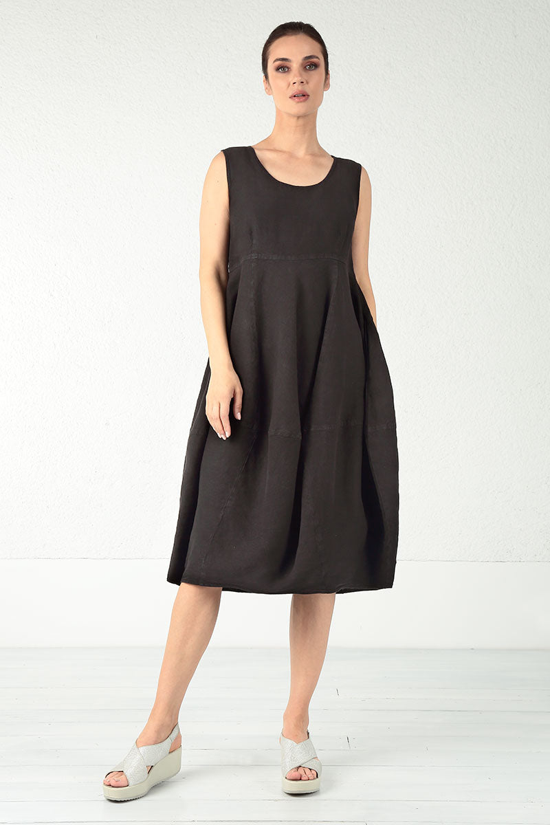 Evergreen Balloon Black Linen Dress