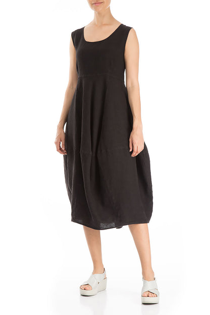 Evergreen Balloon Black Linen Dress