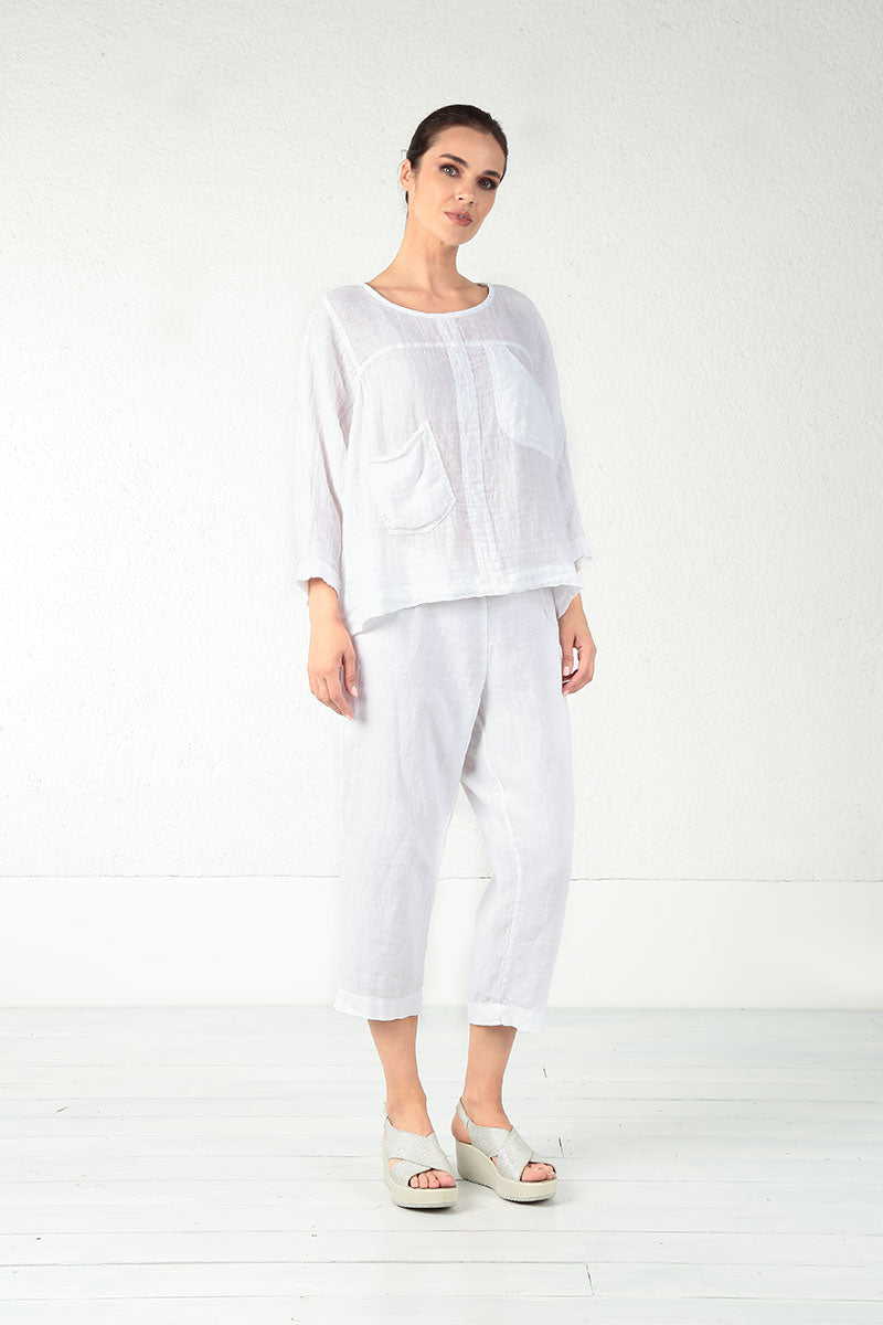 Evergreen Boxy Pure White Linen Blouse