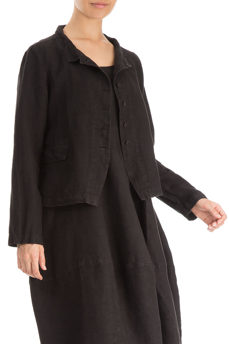 Evergreen Buttoned Black Linen Jacket