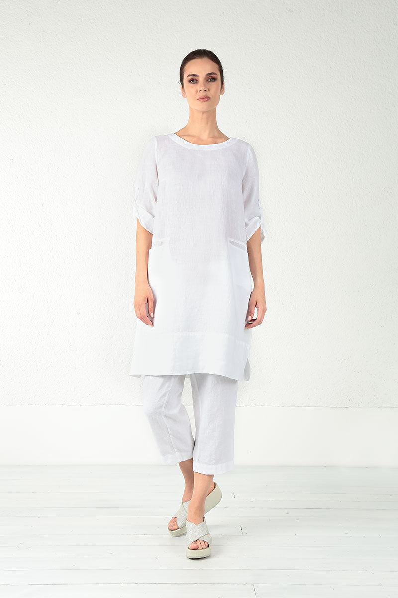 Evergreen Adjustable Sleeves White Linen Tunic