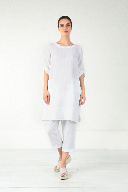 Evergreen Adjustable Sleeves White Linen Tunic