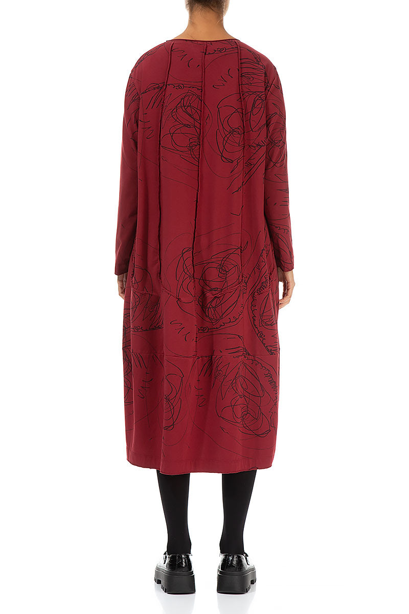 Exposed Seam Bordeaux Abstract Draw Cotton Dress