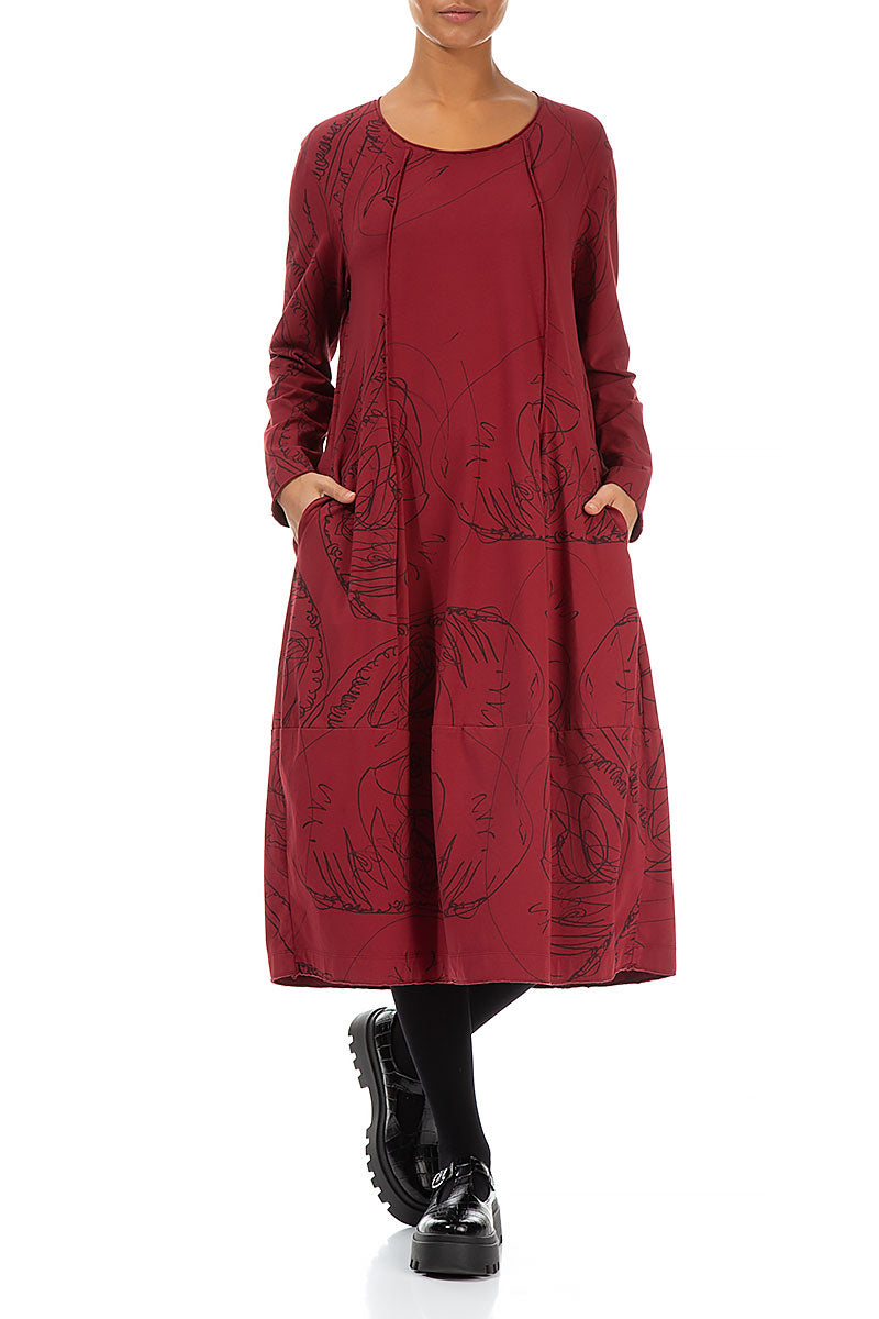 Exposed Seam Bordeaux Abstract Draw Cotton Dress