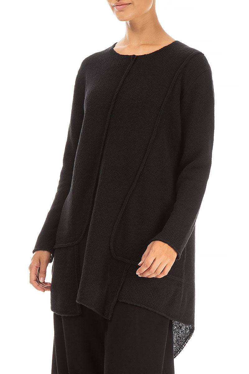 Exposed Seam Loose Black Wool Sweater