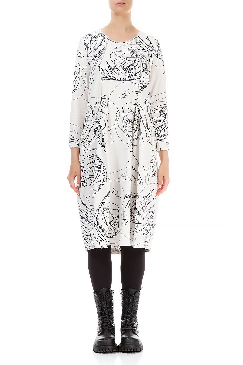 Exposed Seam White Abstract Draw Cotton Dress 1