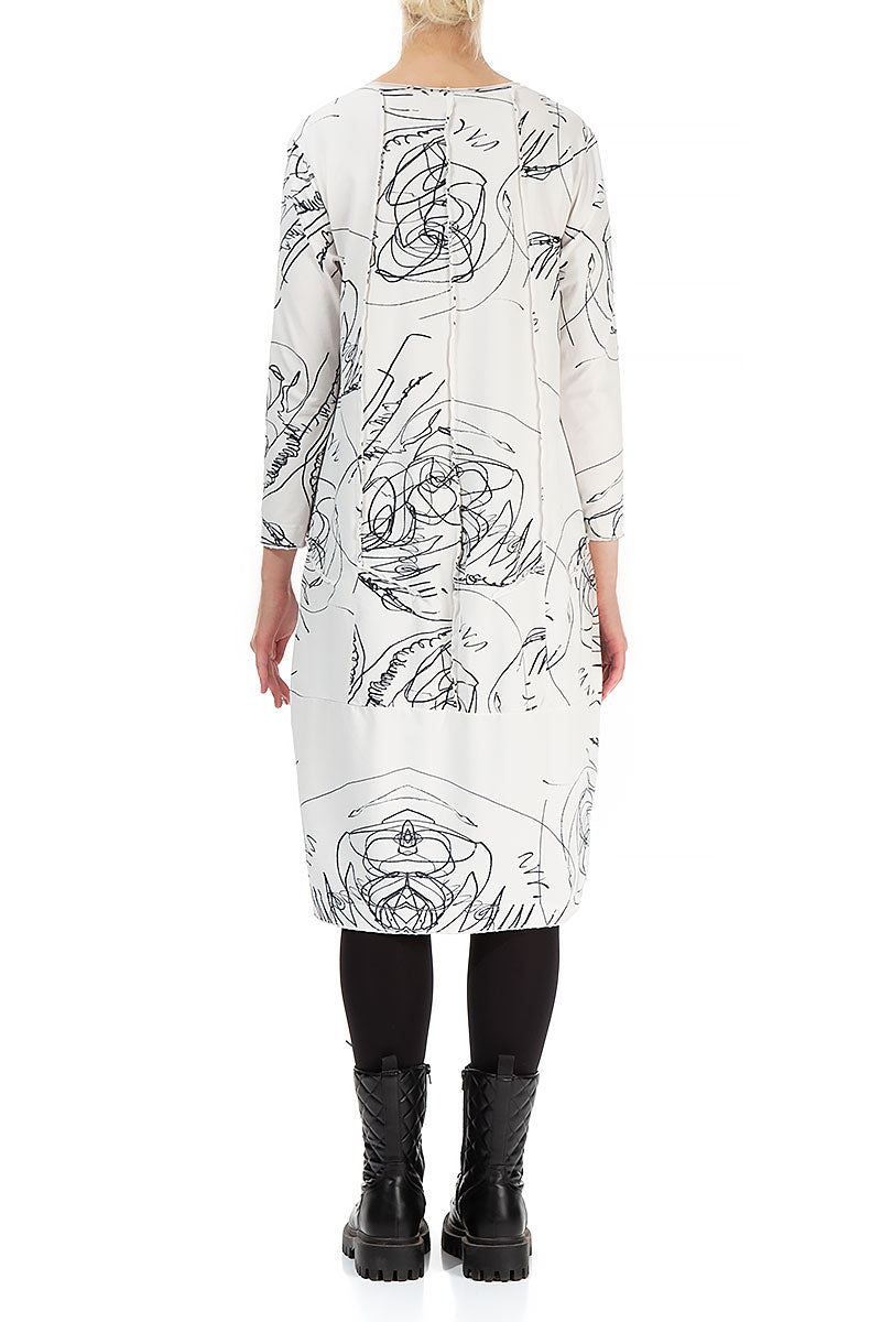 Exposed Seam White Abstract Draw Cotton Dress 2