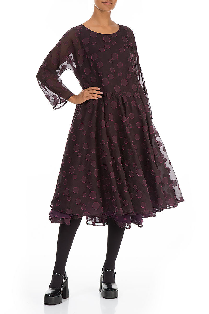 Flared Aubergine Bubbles Silk Dress