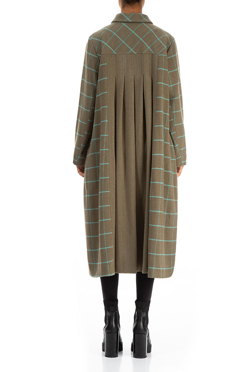 Flared Back Checkered Green Wool Coat