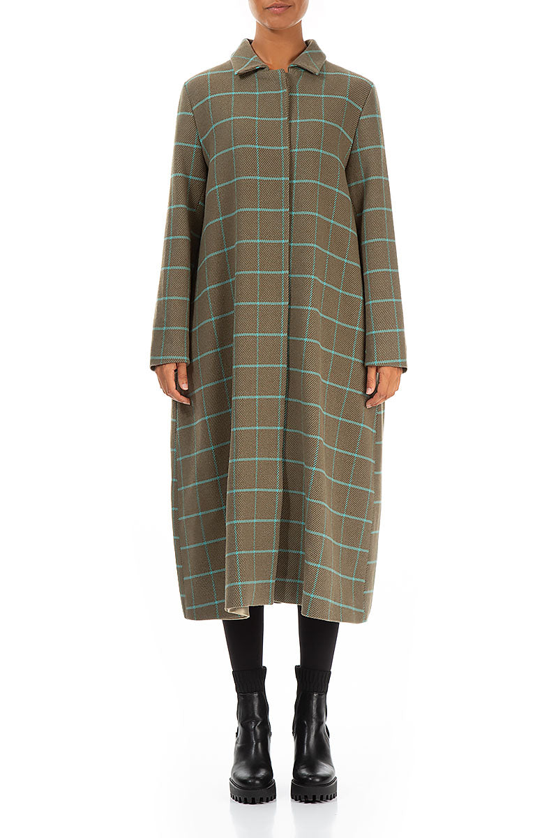 Flared Back Checkered Green Wool Coat