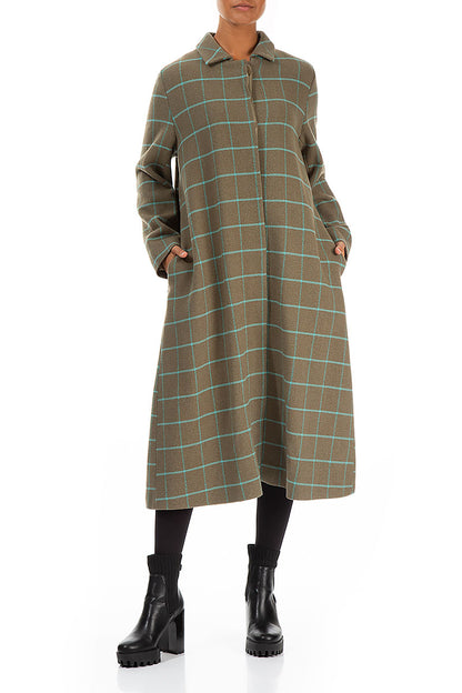 Flared Back Checkered Green Wool Coat