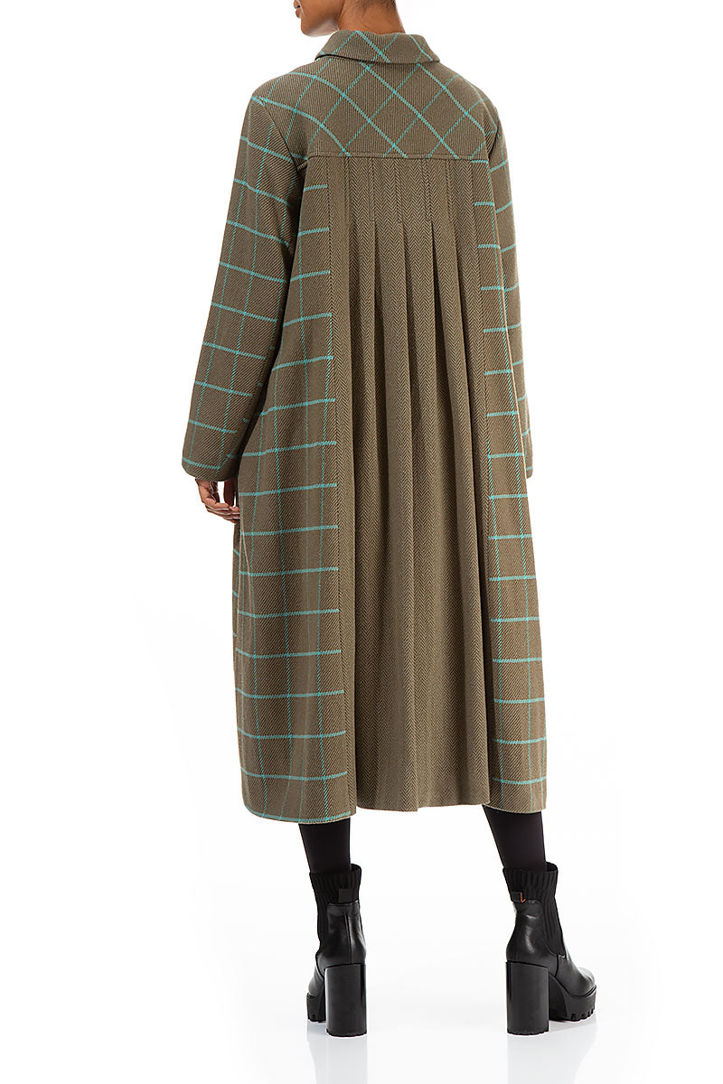 Flared Back Checkered Green Wool Coat