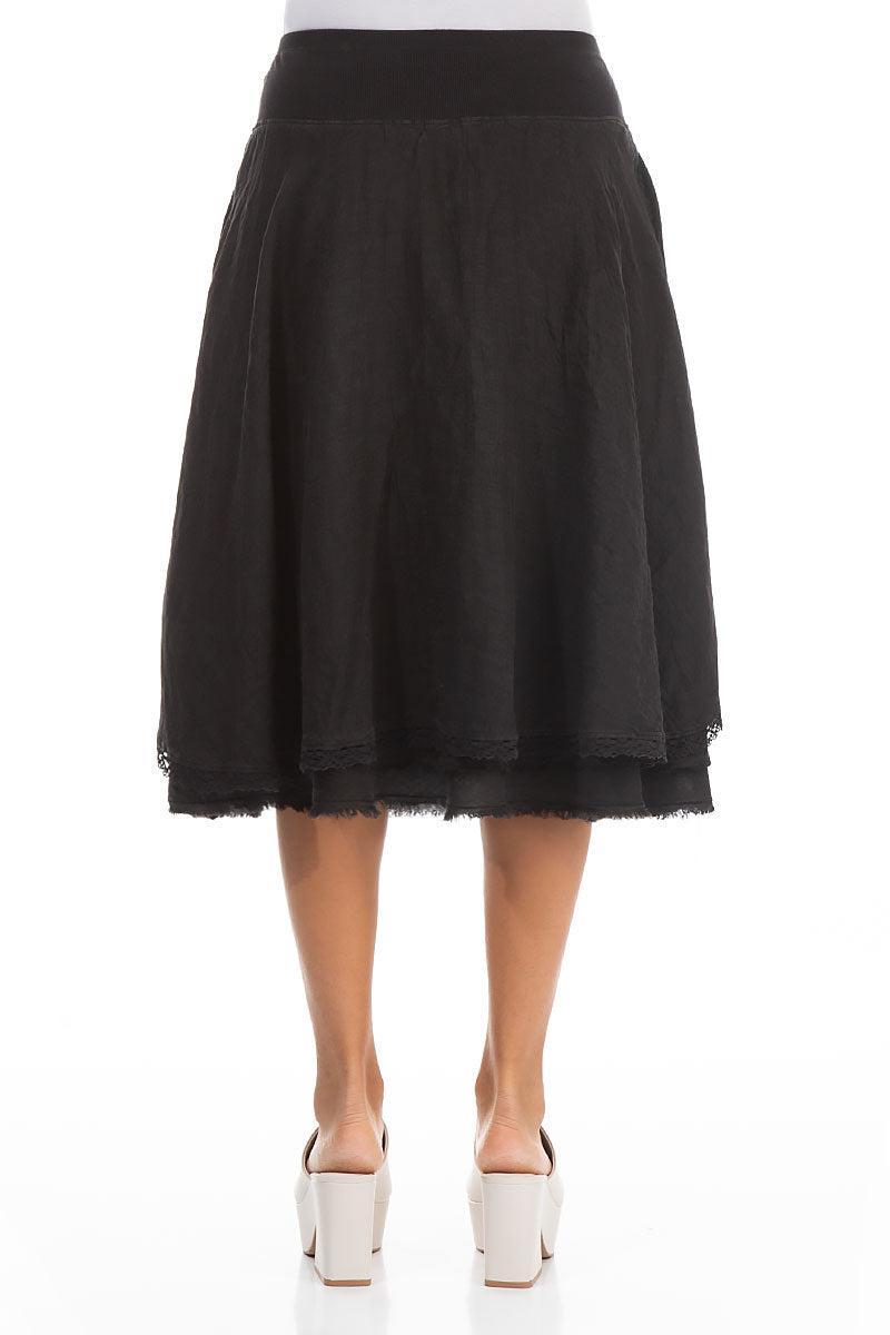 Flared Black Linen Midi Skirt