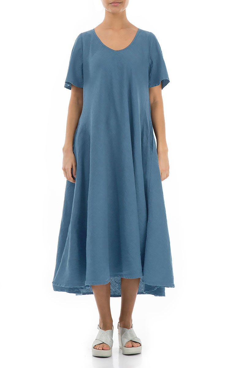 Flared Blue Linen Dress