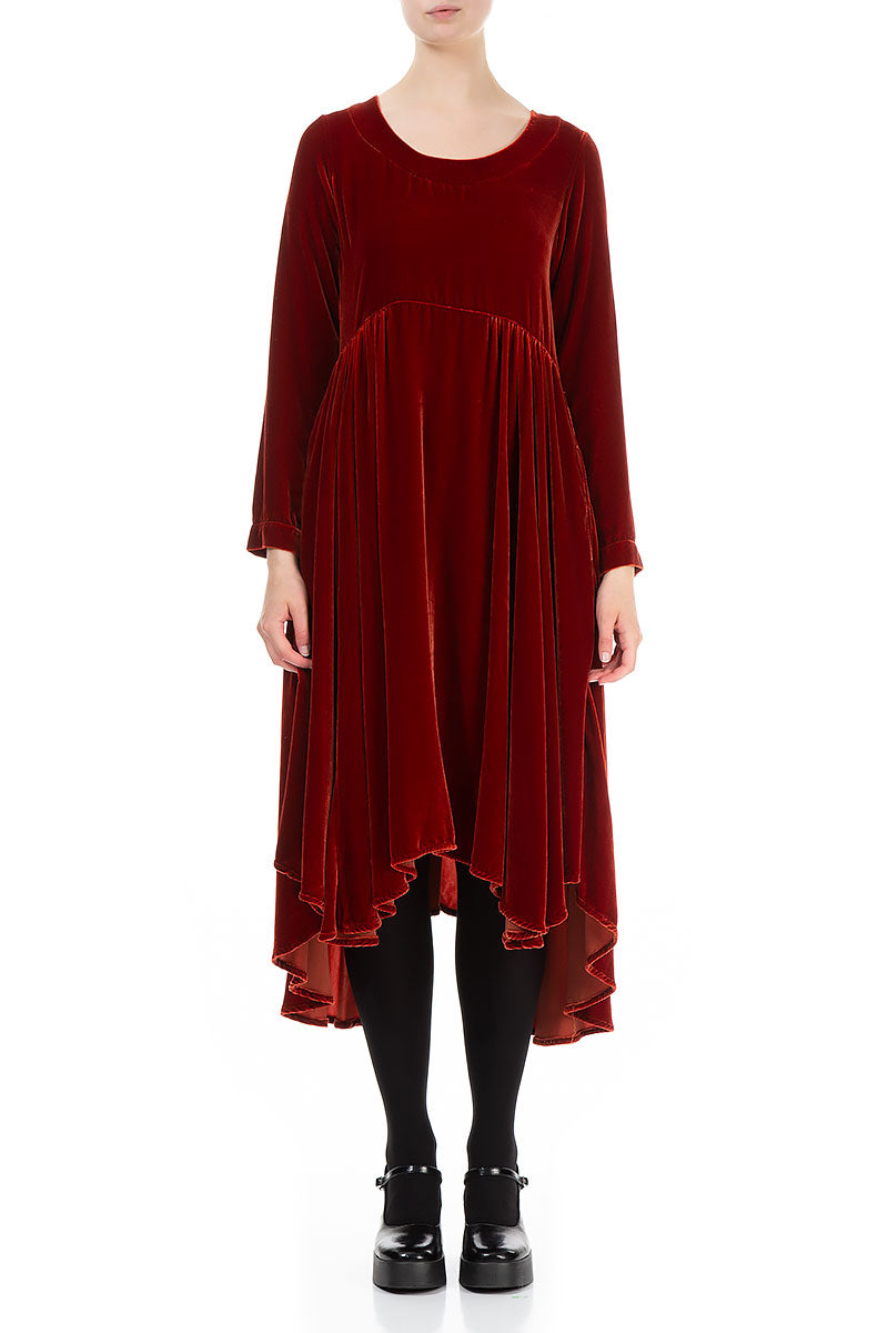 Flared Brick Silk Velvet Dress