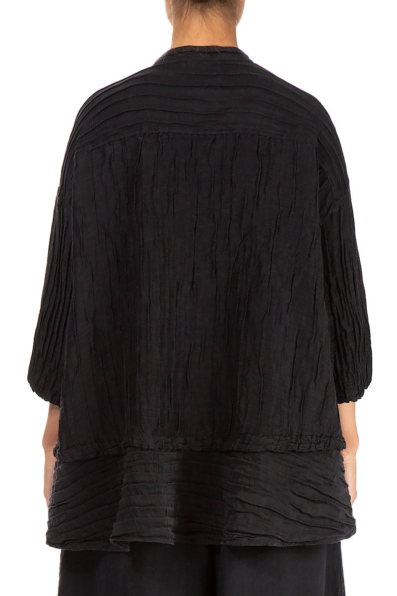 Flared Crinkled Black Silk Shirt