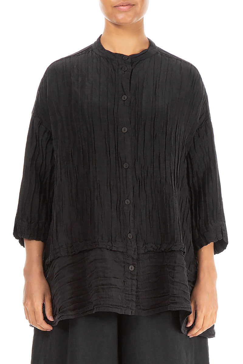 Flared Crinkled Black Silk Shirt