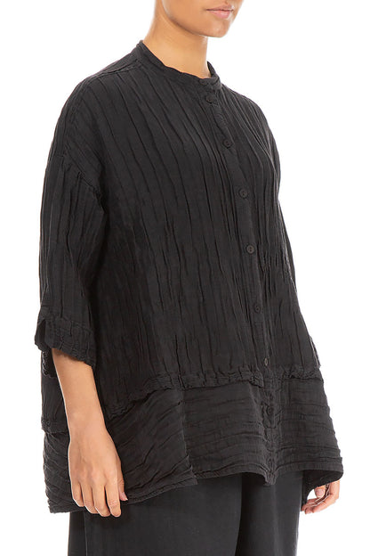 Flared Crinkled Black Silk Shirt