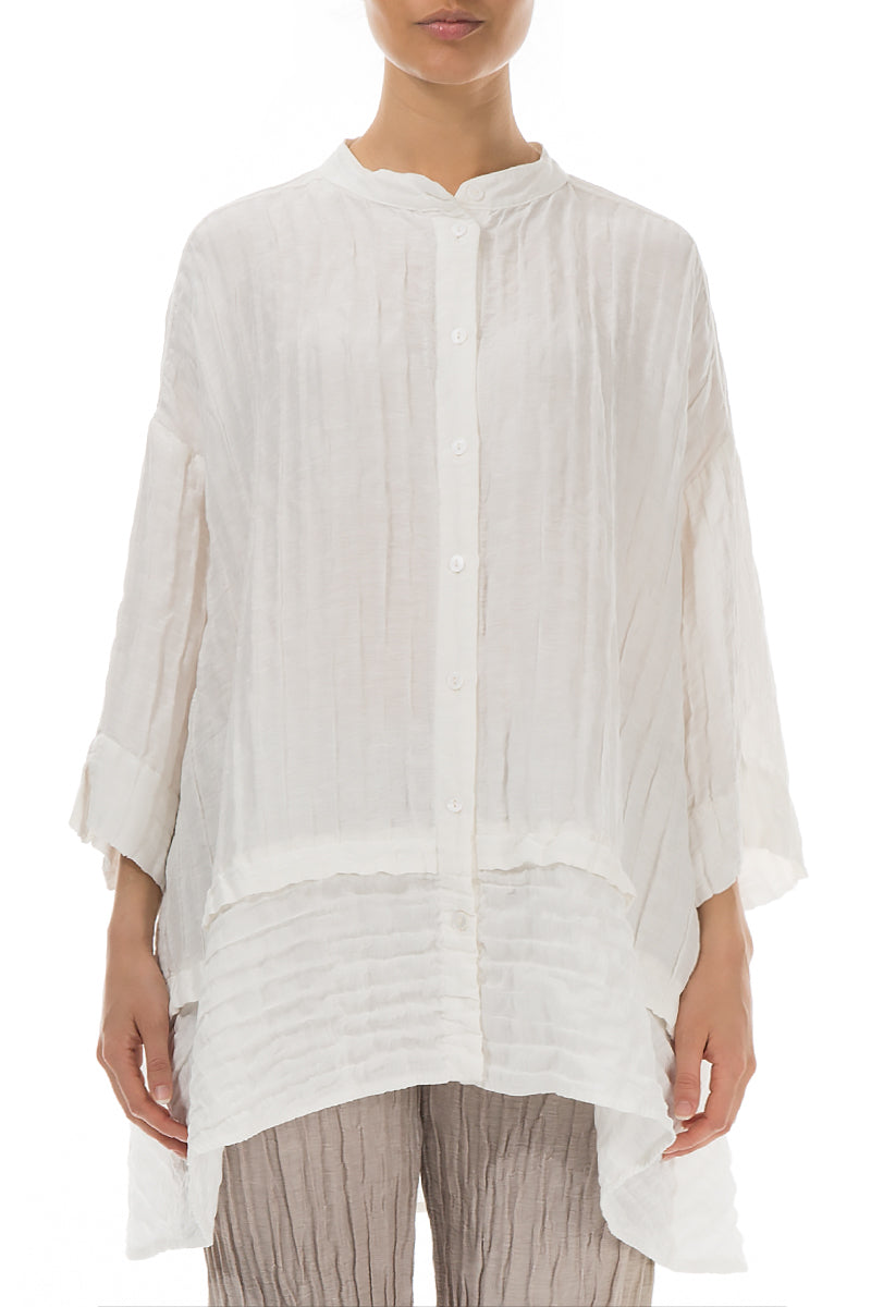 Flared Crinkled Off White Silk Shirt