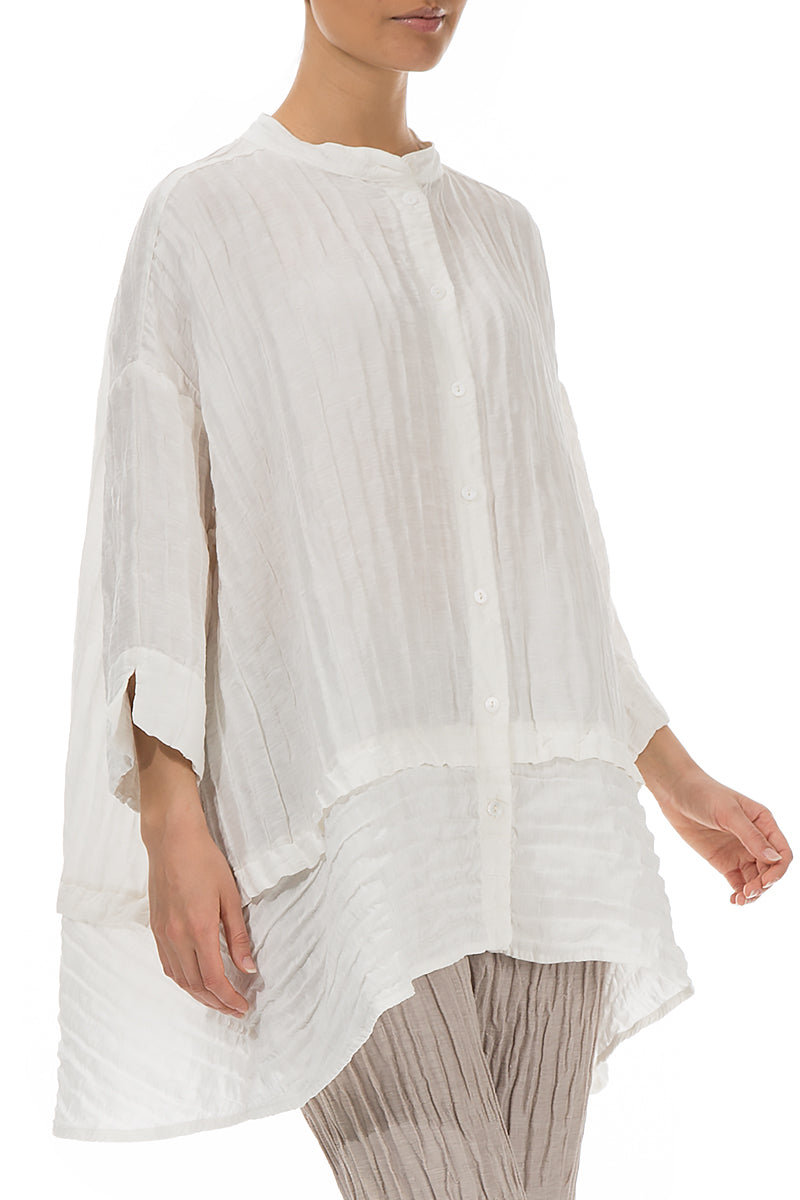 Flared Crinkled Off White Silk Shirt