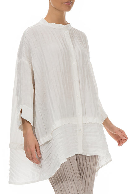 Flared Crinkled Off White Silk Shirt