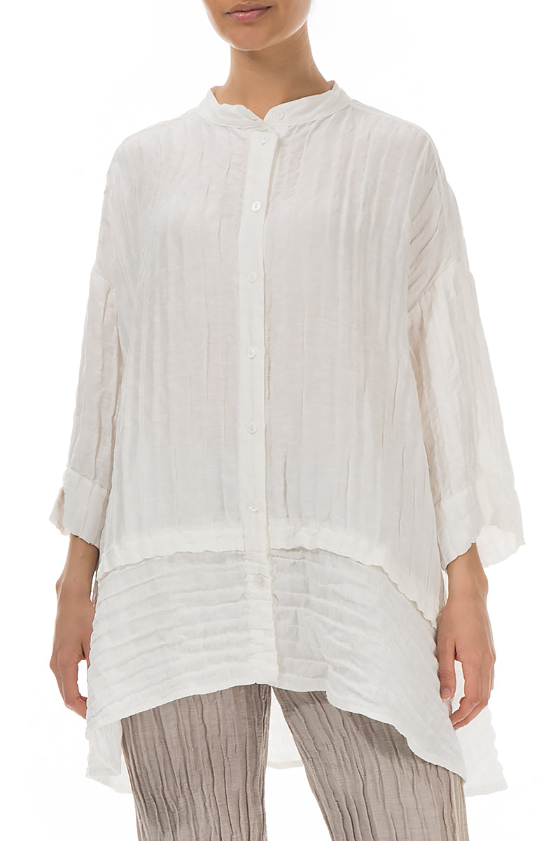 Flared Crinkled Off White Silk Shirt