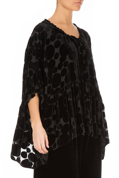 Flared Devoré Bubbles Black Silk Velvet Blouse