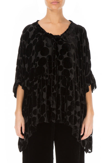 Flared Devoré Bubbles Black Silk Velvet Blouse