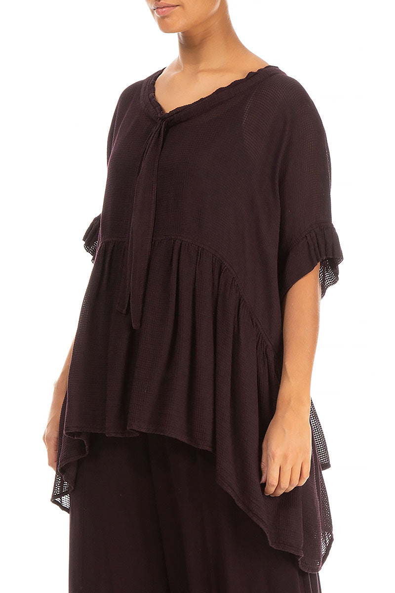 Flared Mesh Aubergine Silk Rayon Blouse