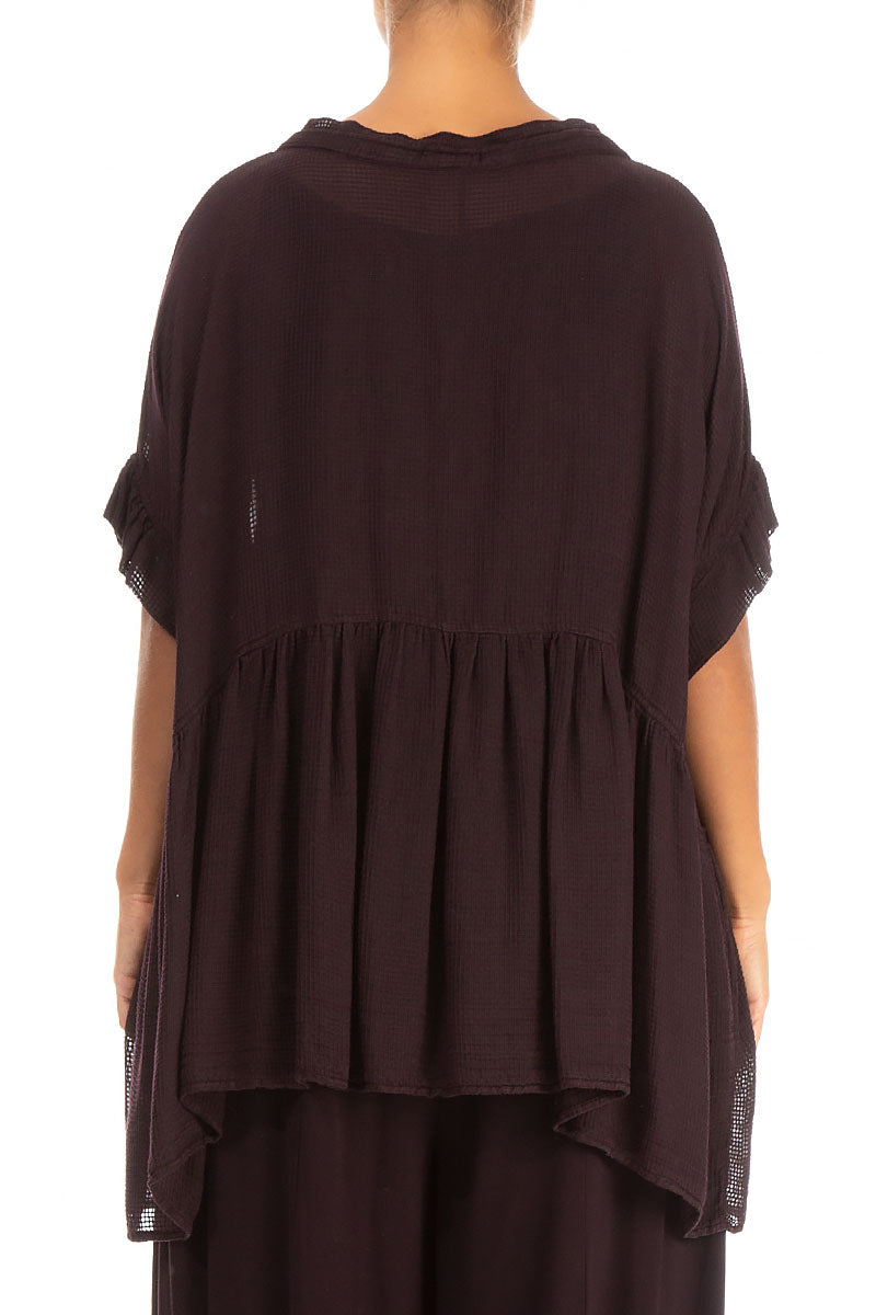 Flared Mesh Aubergine Silk Rayon Blouse