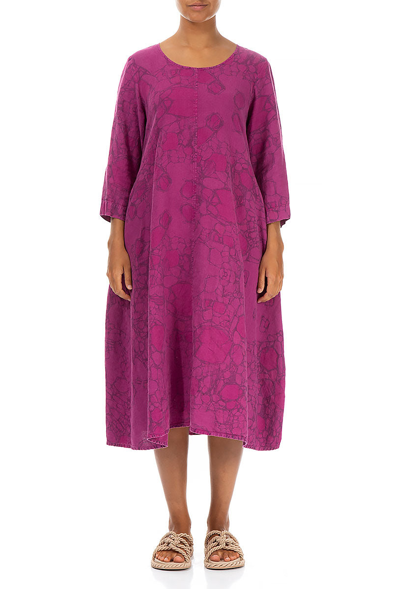 Flared Orchid Print Linen Midi Dress 1