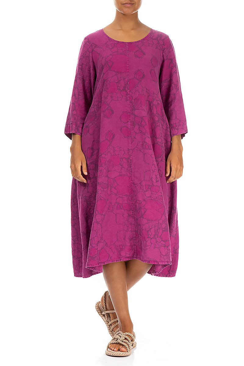 Flared Orchid Print Linen Midi Dress 4