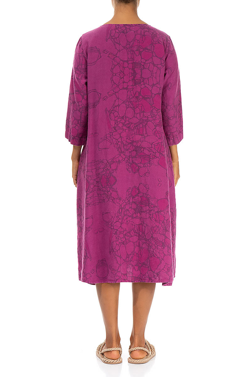 Flared Orchid Print Linen Midi Dress 2