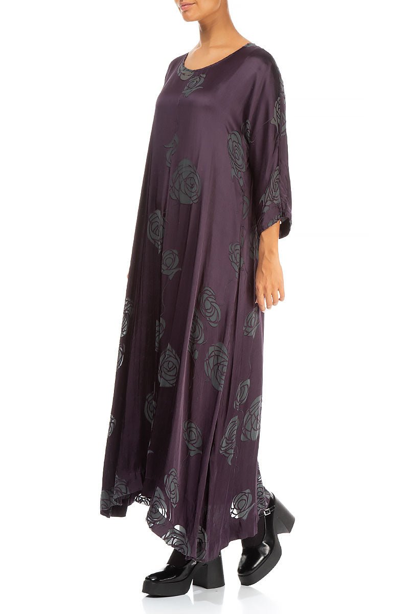 Flared Roses Purple Silk Dress