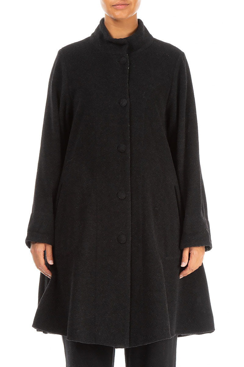 Flared Stand Up Collar Black Wool Coat 1