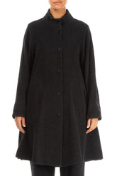 Flared Stand Up Collar Black Wool Coat 1