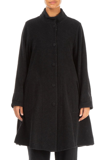 Flared Stand Up Collar Black Wool Coat 1