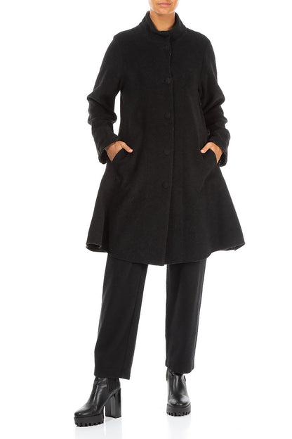 Flared Stand Up Collar Black Wool Coat 4
