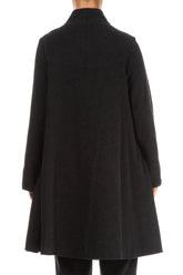 Flared Stand Up Collar Black Wool Coat 2