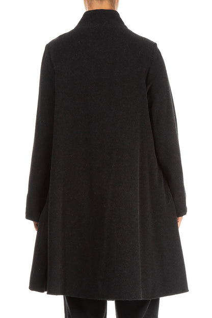 Flared Stand Up Collar Black Wool Coat 2